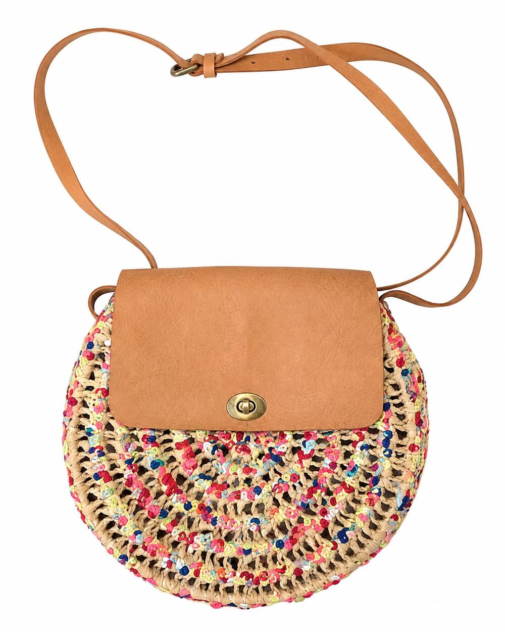 Handmade Raffia Round Crossbody Bag Sequin Straw Boho Festival Shoulder Purse